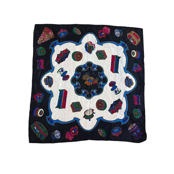Liz Claiborne Scarf Women 31" Black Silk Square Cinderella Trinket Box Artsy 80s - Picture 1 of 10